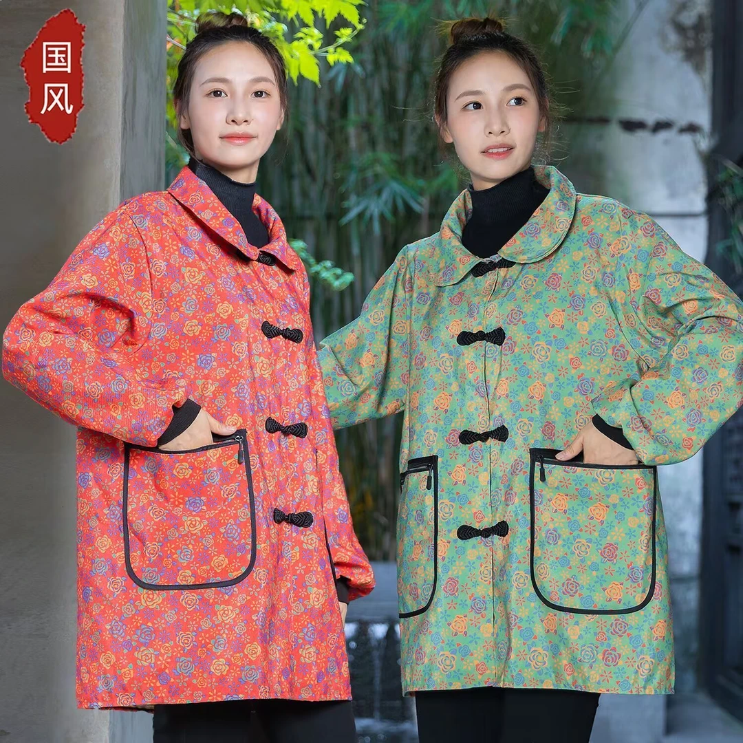 高档复古中国风盘扣外套长袖围裙家用厨房做饭罩衣工作服防污耐磨