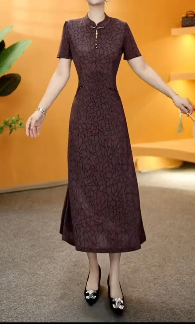 妈妈装复古新中式改良版旗袍裙归裂纹印花大码洋气中长款连衣裙