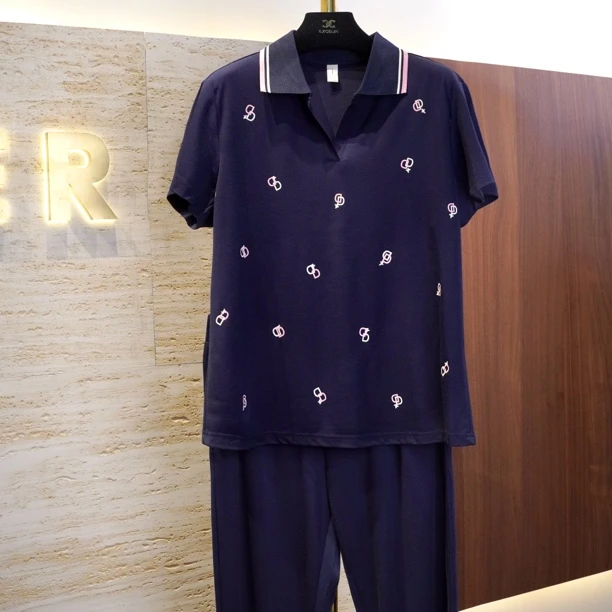 【深蓝粉D翻领短袖套装】天丝罗马棉V领T恤时尚显瘦女夏季休闲套装