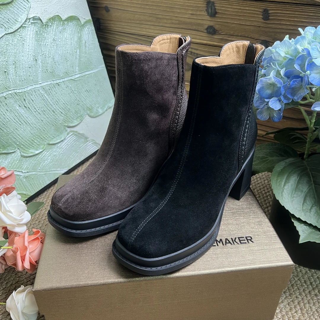 【7cm/羊皮】方头磨砂中跟马丁靴秋冬厚底粗跟切尔西加绒短靴H625-5