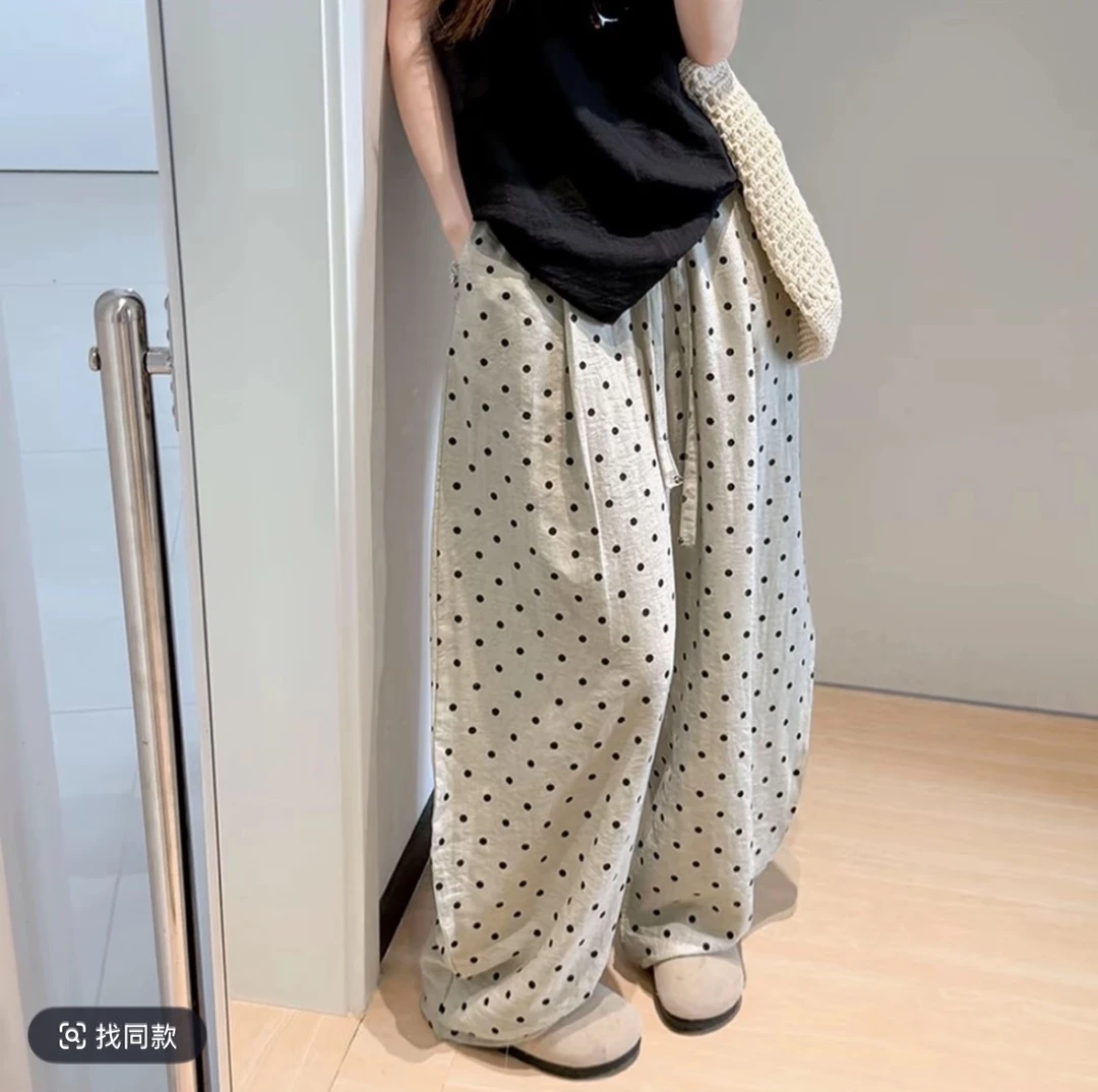 【清货+运补】波点印花松紧腰棉麻休闲裤女夏季松弛感阔腿弯刀裤