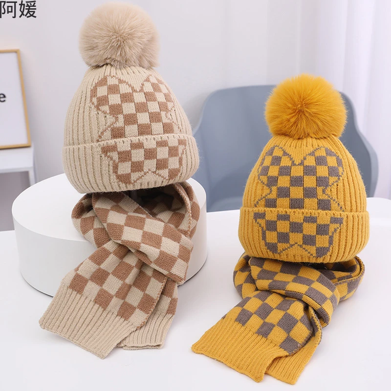 冬季中大童帽子围巾套装保暖棉内里毛线帽宝宝两件套帽加厚保暖