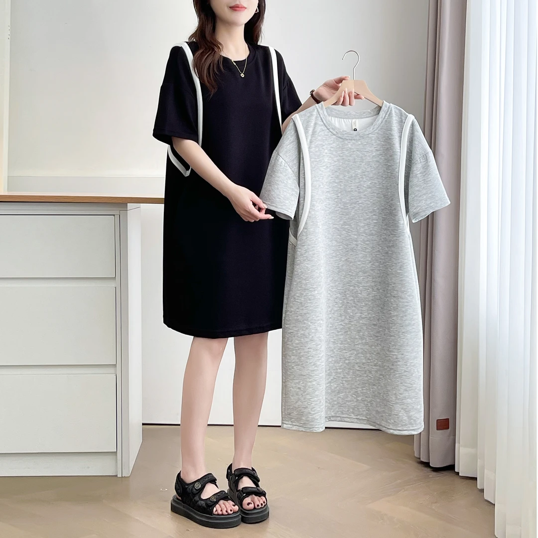 大码女装100-210斤新款遮肉显瘦宽松时尚洋气连衣裙8702