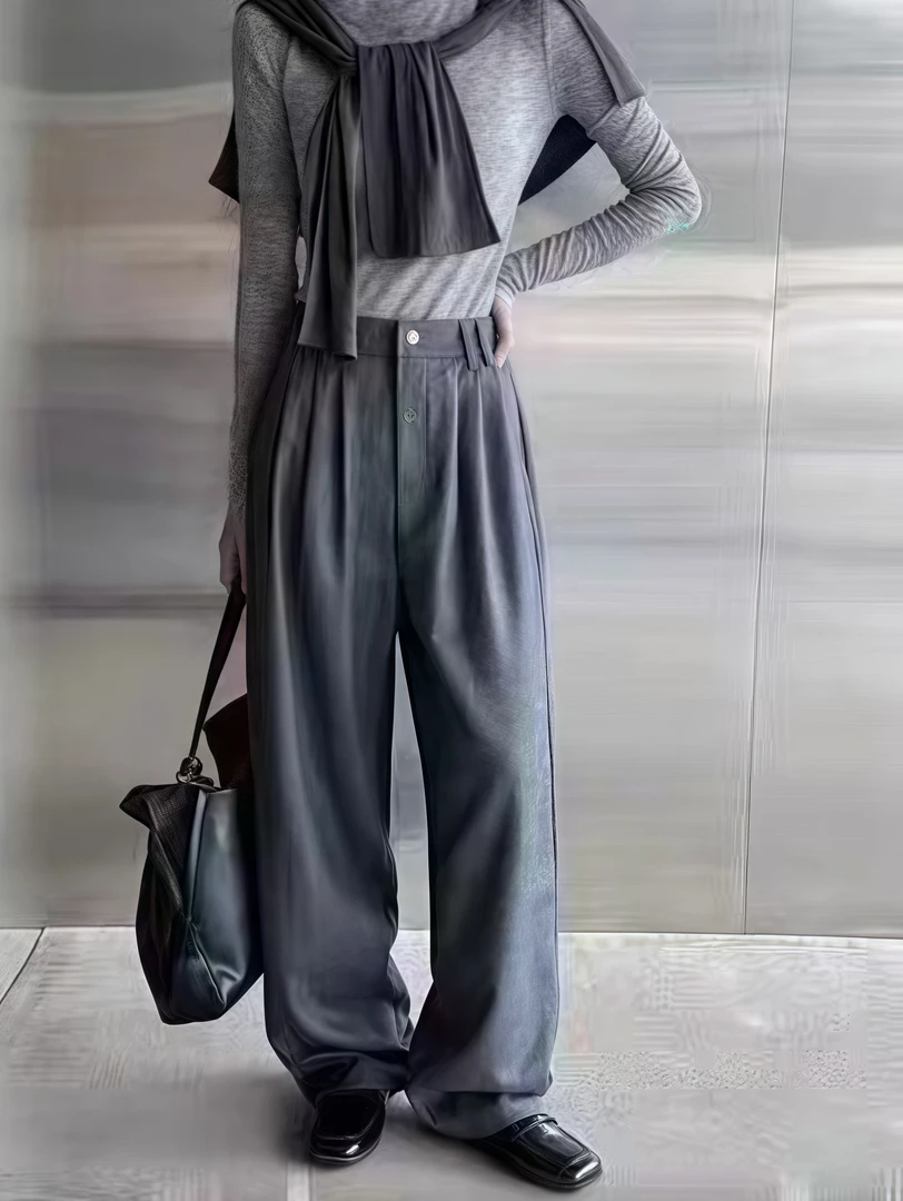 Manmi 设计款半松紧腰收脚口西装阔腿裤 F38（K1）