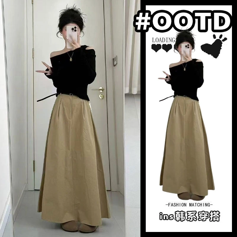 2025超火穿搭一整套韩系设计感小众斜肩镂空上衣卡其色伞裙两件套