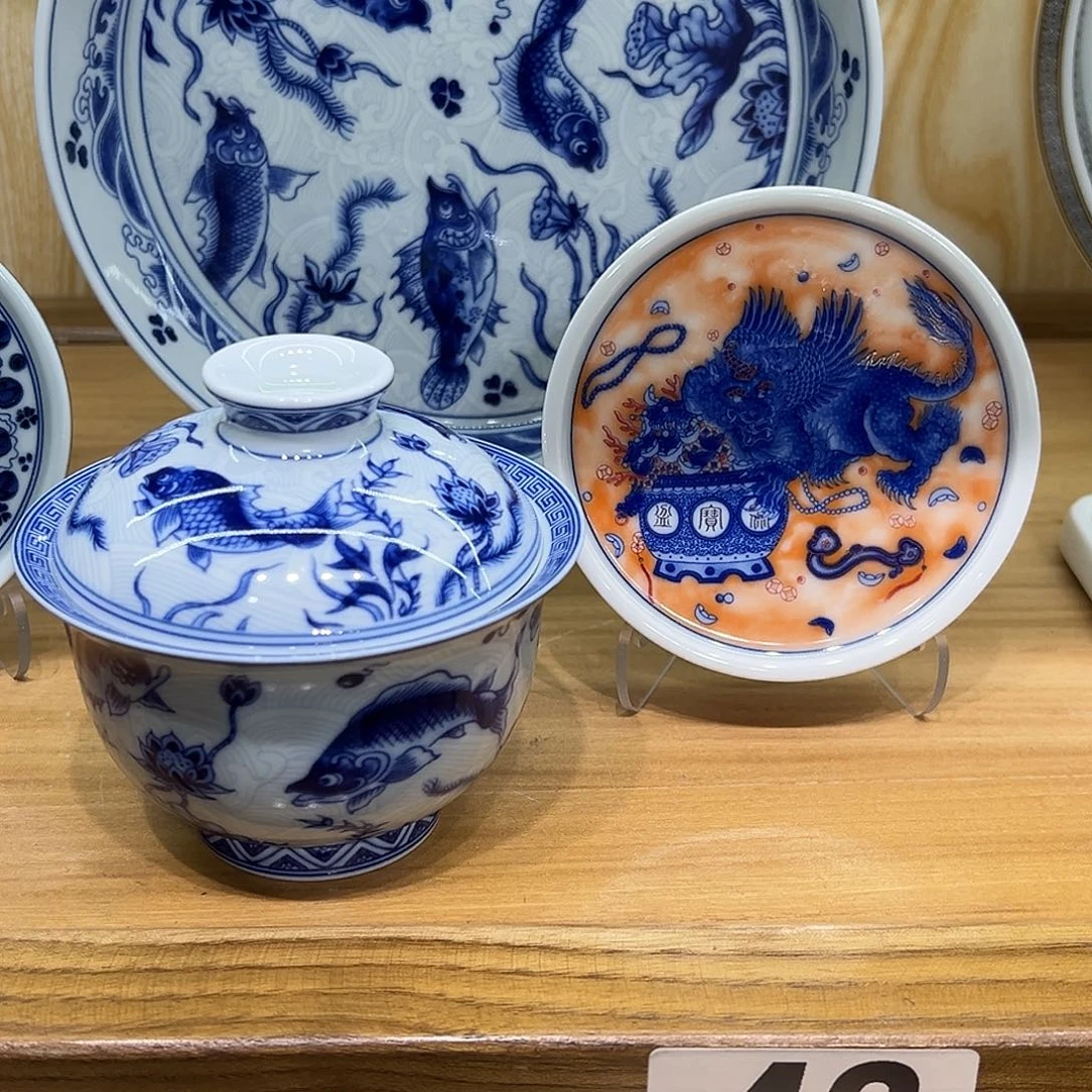 蜻****青花仿明鱼藻纹壶承盖置盖碗