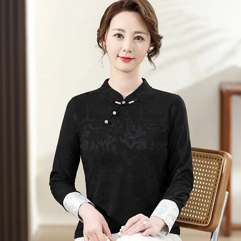 中年人新中式国风打底衫妈妈装洋气高贵秋季新款袖口刺绣内搭T恤