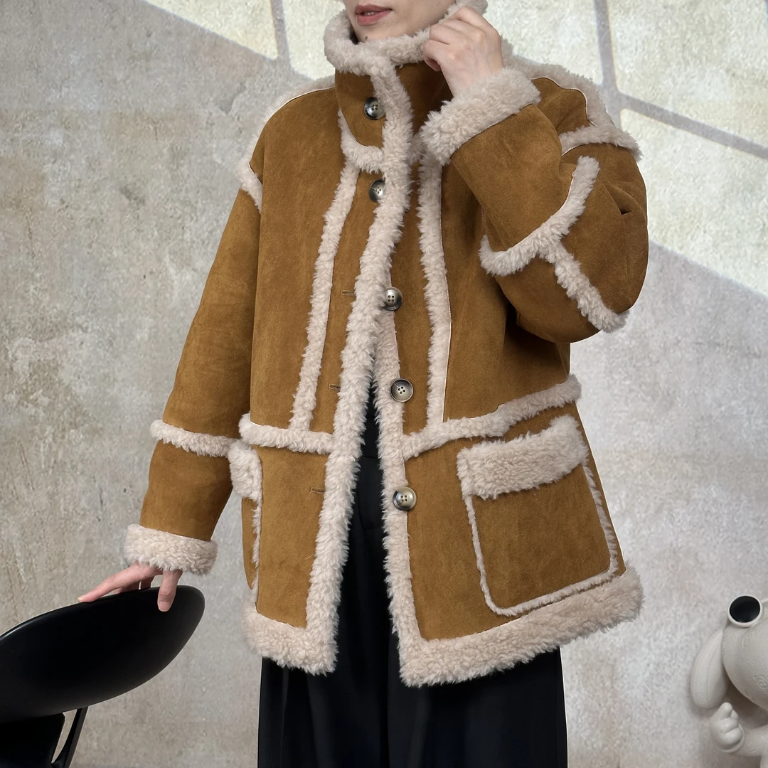 双面穿100%绵羊毛翻领中长款北欧风滑雪季百搭宽松撞色设计师款