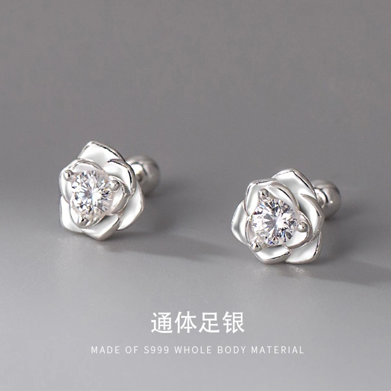 足银耳饰 999足银玫瑰花镶钻耳钉女螺丝耳环设计纯银耳骨养耳饰品