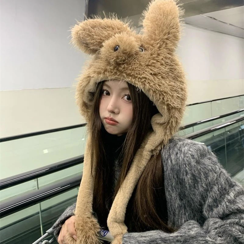 可爱会动耳朵小狗毛绒帽子女秋冬季防寒保暖加厚护耳雷锋帽显脸小