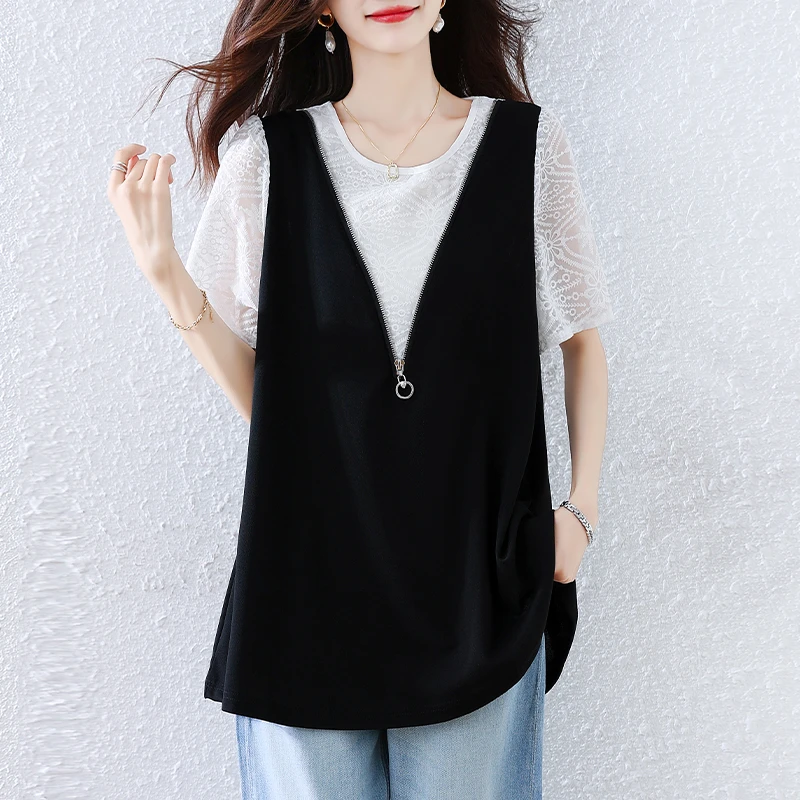 实拍2025夏季新假两件时尚泡泡袖蝴蝶结后背设计显瘦大码遮肉小衫