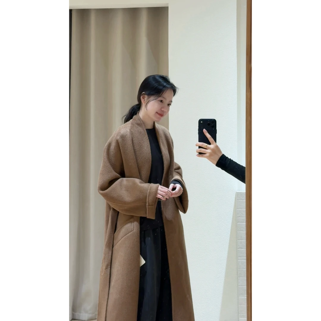 【骆驼绒】宽松浴袍式青果领冬季骆驼绒大衣秋冬外套时尚气质长款