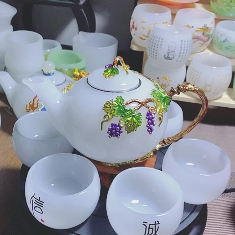 琉璃中式珐琅彩多子多福一壶六杯礼盒套装