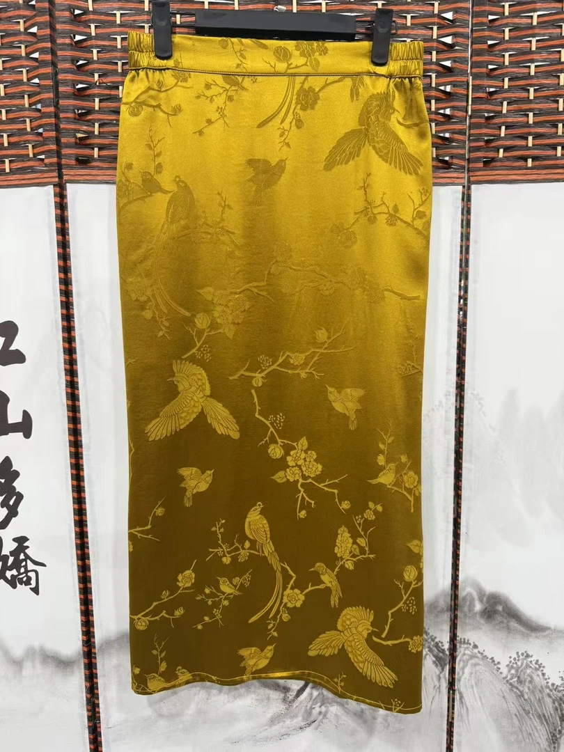 2025新款提花真丝简约喜上眉梢开叉显瘦半身裙【100%桑蚕丝】C095