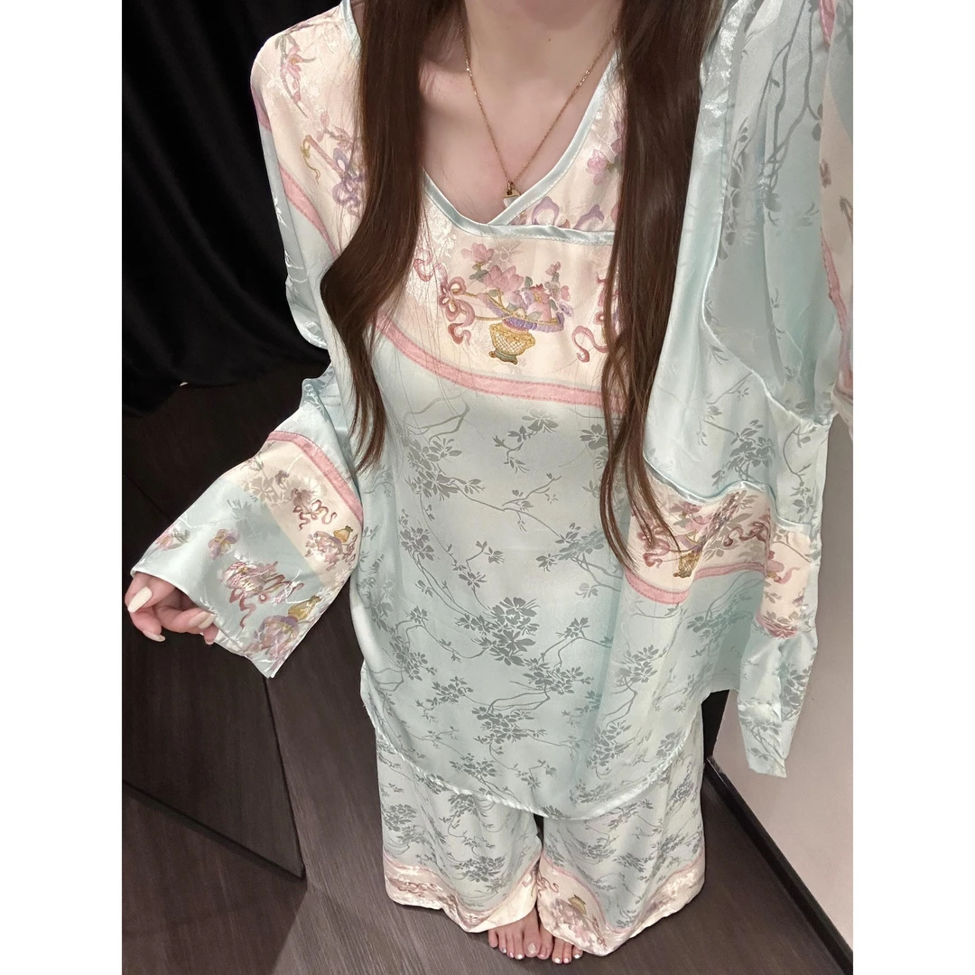 新中式青蓝色国风睡衣女士夏季高级感提花宽松大码冰丝家居服套装