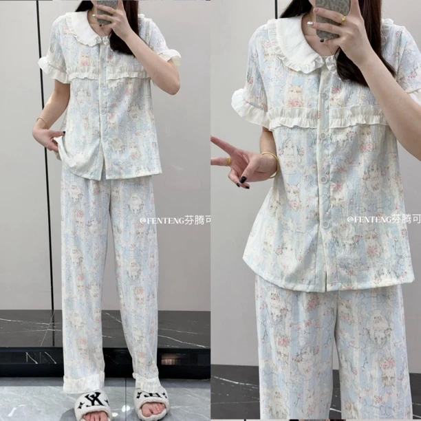 带胸垫卡通碎花睡衣套装，可外穿家居服