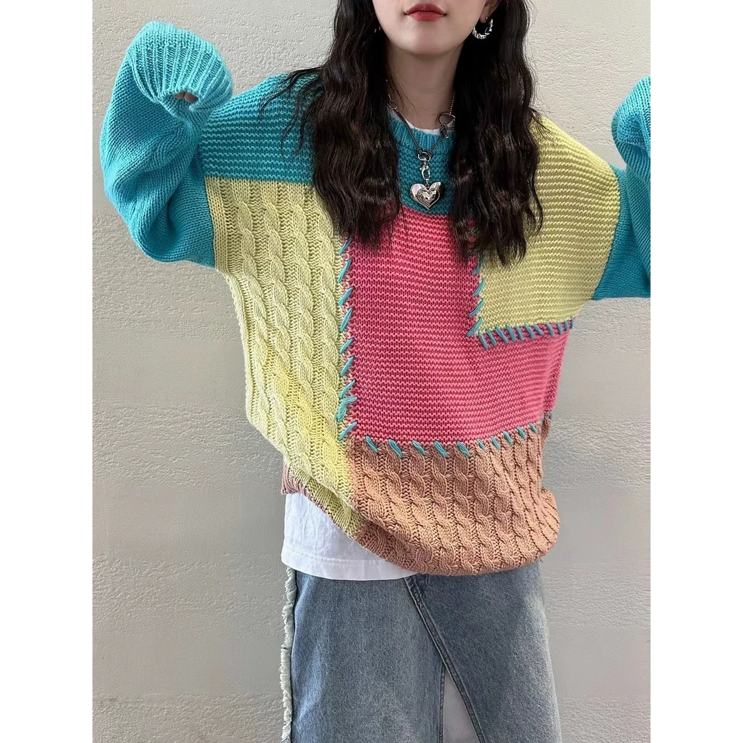 慵懒风色块套头羊毛针织毛衣女