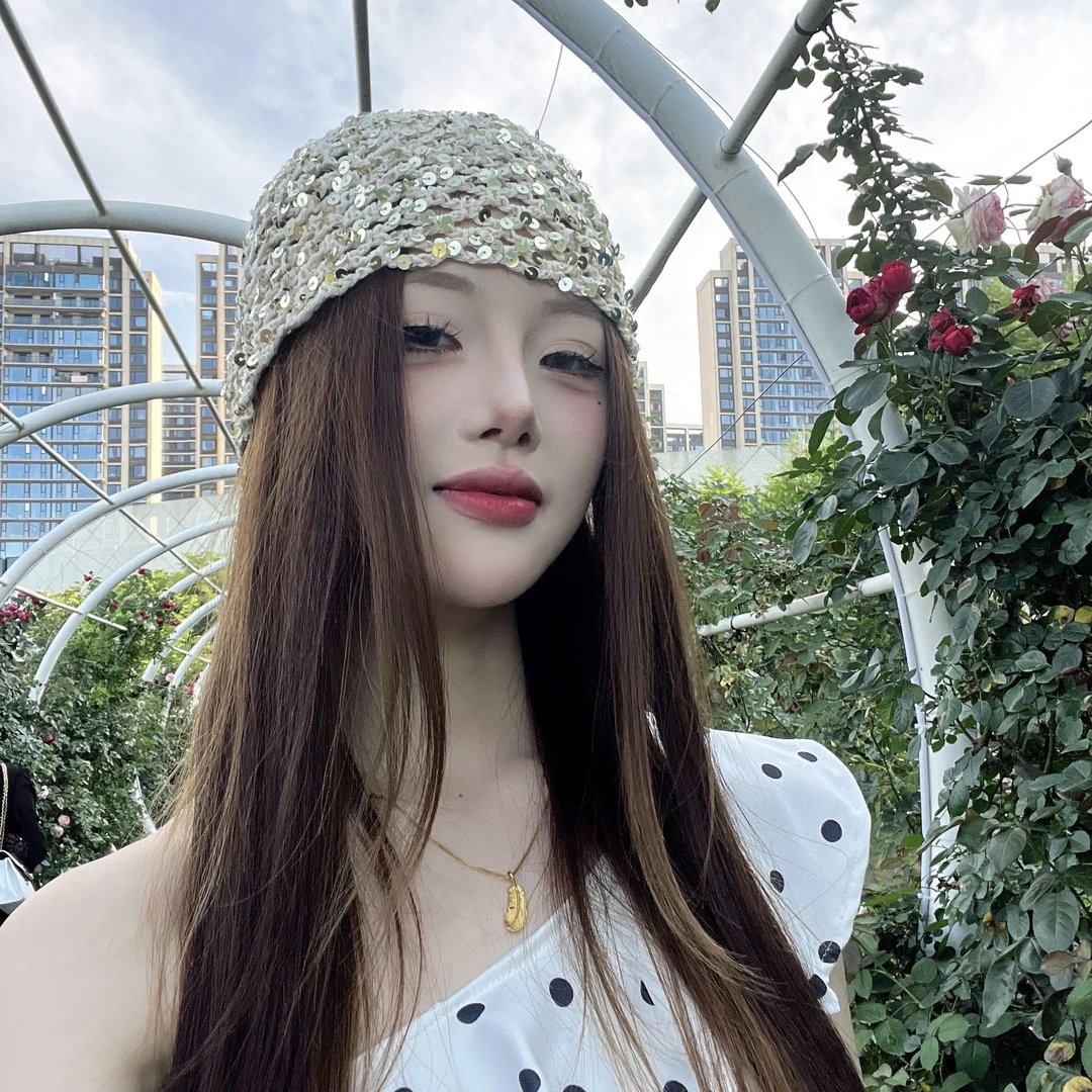 夏新款简约镂空包头帽女亮片韩版辣妹编织网眼时尚百搭镂空帽子