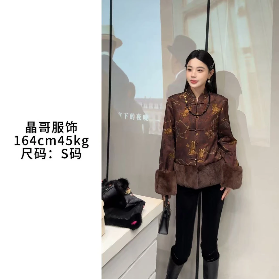 【宸星】新中式休闲百搭宽松显瘦獭兔毛冬季国风长袖棉服外套