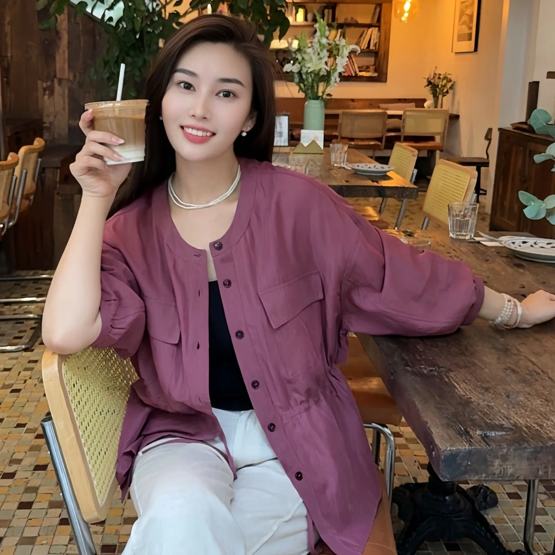 【清透纤薄】莱赛尔抽绳收腰显瘦干爽清凉七分袖衬衫C250534