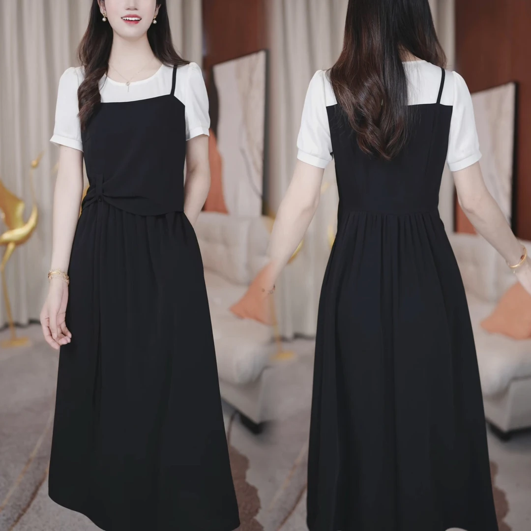 2025夏季新款洋气显瘦拼接中长款休闲裙子时尚设计感假两件连衣裙