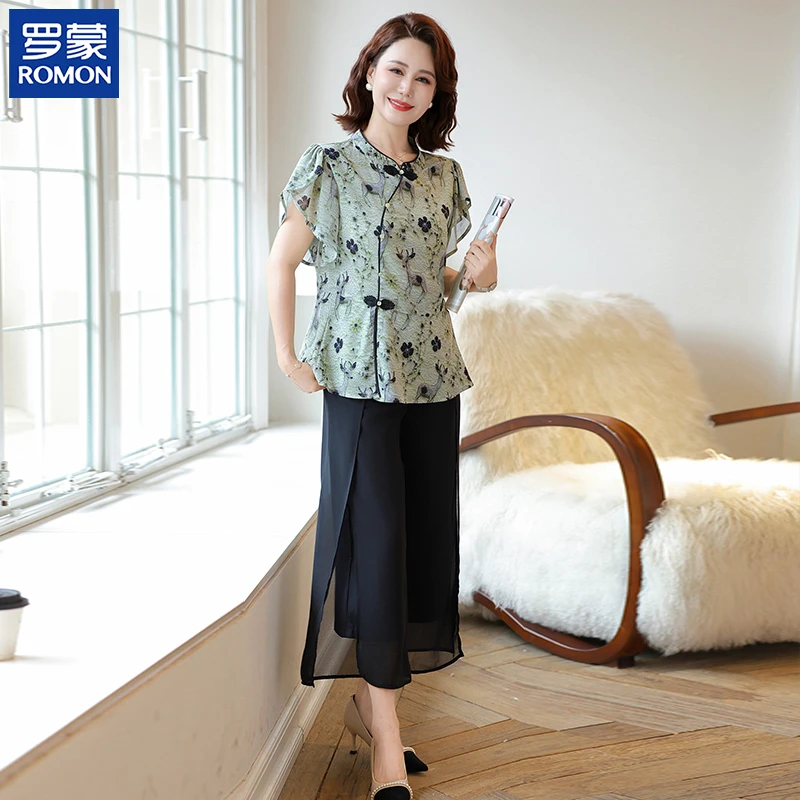 罗蒙妈妈装夏装高档套装新款中年圆领印花上衣中老年女花色两件套