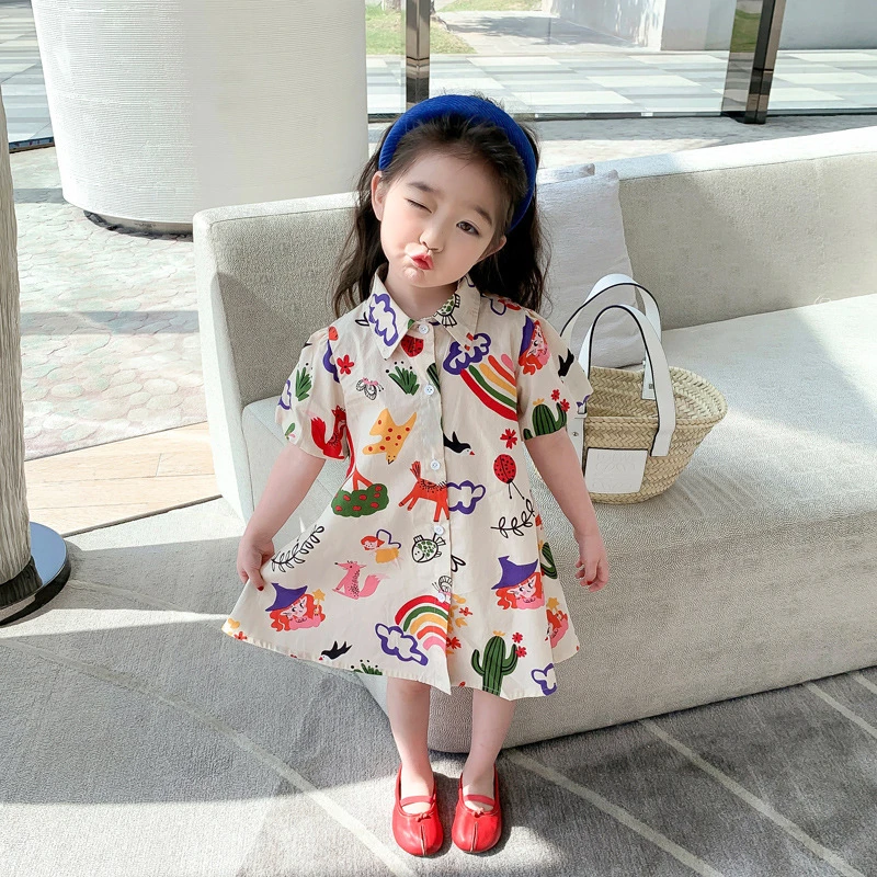 女童连衣裙洋气夏装2025新款儿童短袖洋气涂鸦裙女宝宝夏季衬衫裙