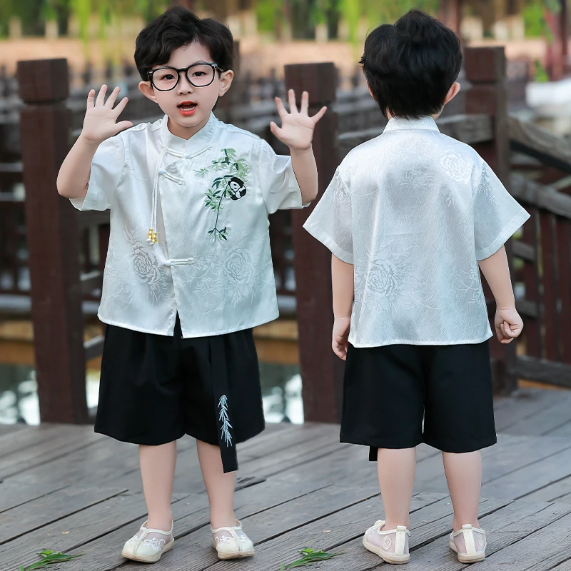 儿童夏季短袖套装男宝新中式洋气古风汉服衣服小众高级表演服唐装