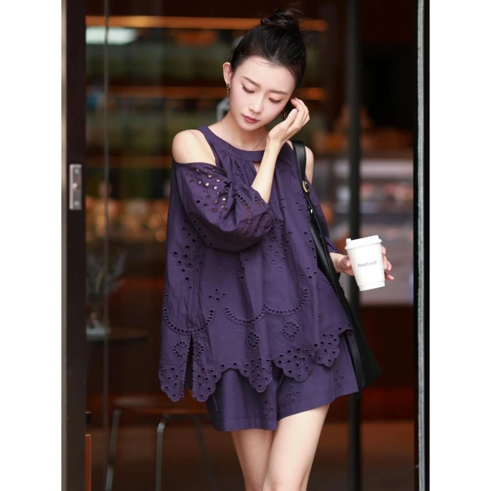 2026超火夏季搭配一整套高级感时尚洋气独特紫色镂空上衣短裤套装