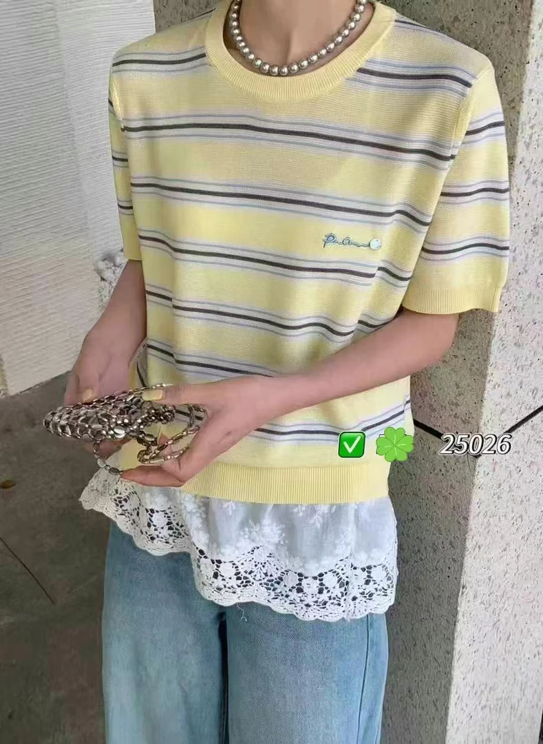 夏季新款天丝条纹针织短袖