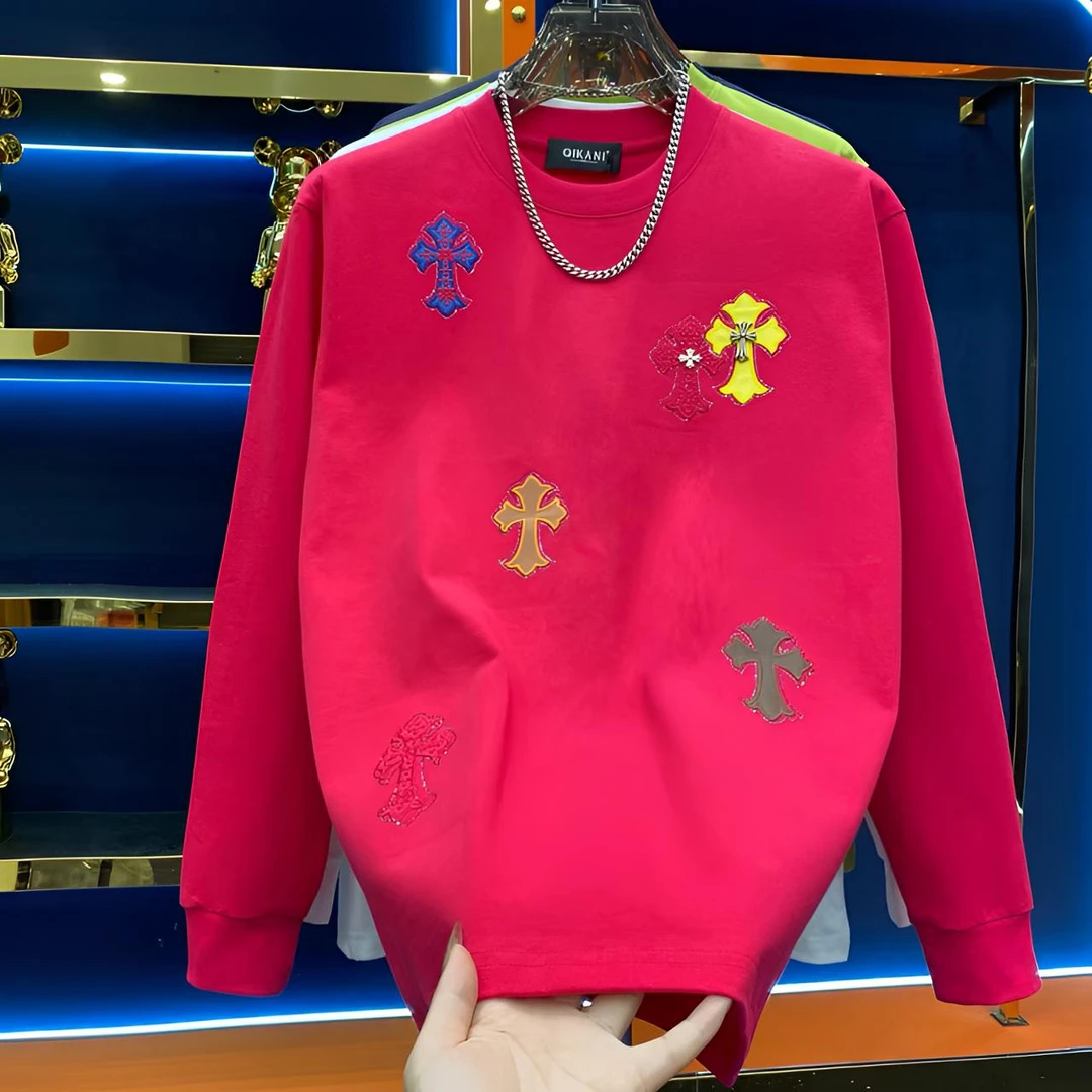 秋冬新款刺绣烫钻微阔宽松圆领卫衣男士百搭时尚潮流长袖镶钻T恤