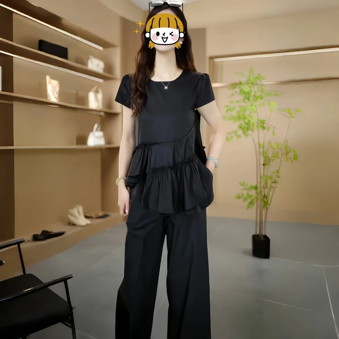 2025夏季新款时尚遮肚显瘦荷叶边拼接短袖衬衣阔腿裤休闲两件套装