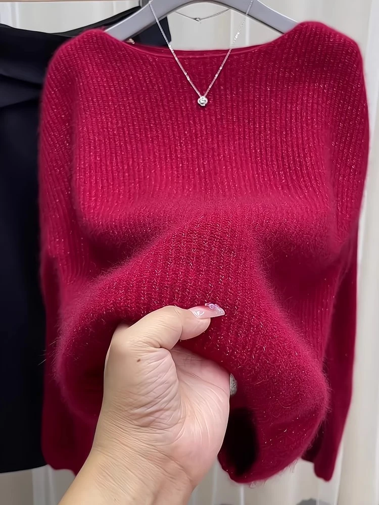 羊毛衫女装2025秋冬新款韩版安可拉红宽松亮丝百搭上衣打底衫毛衣