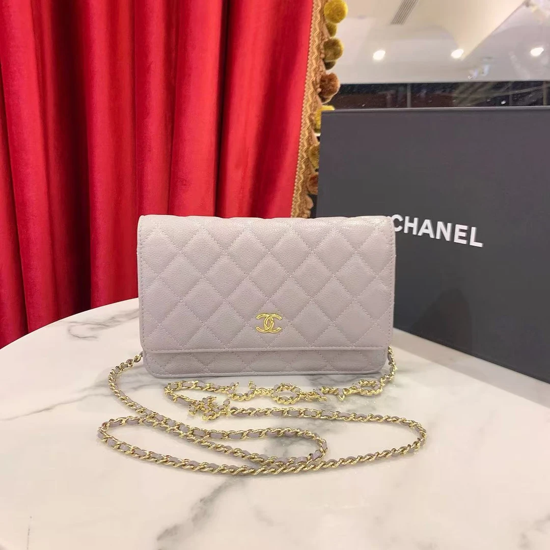 99新 Chanel/香奈儿 coco链条woc灰色荔枝牛皮芯片款/21157285