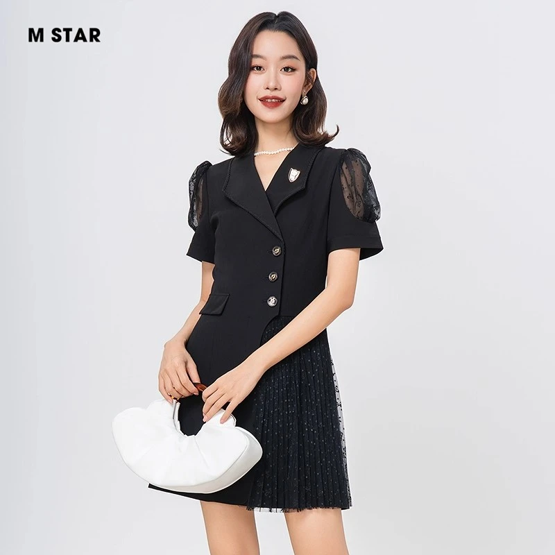 M-Star夏季法式通勤气质短袖泡泡袖连衣裙显瘦裙子女 SEKL122550