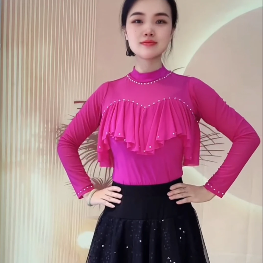 跳舞港风长袖T恤短款休闲碎花显瘦夏季花色拉丁舞