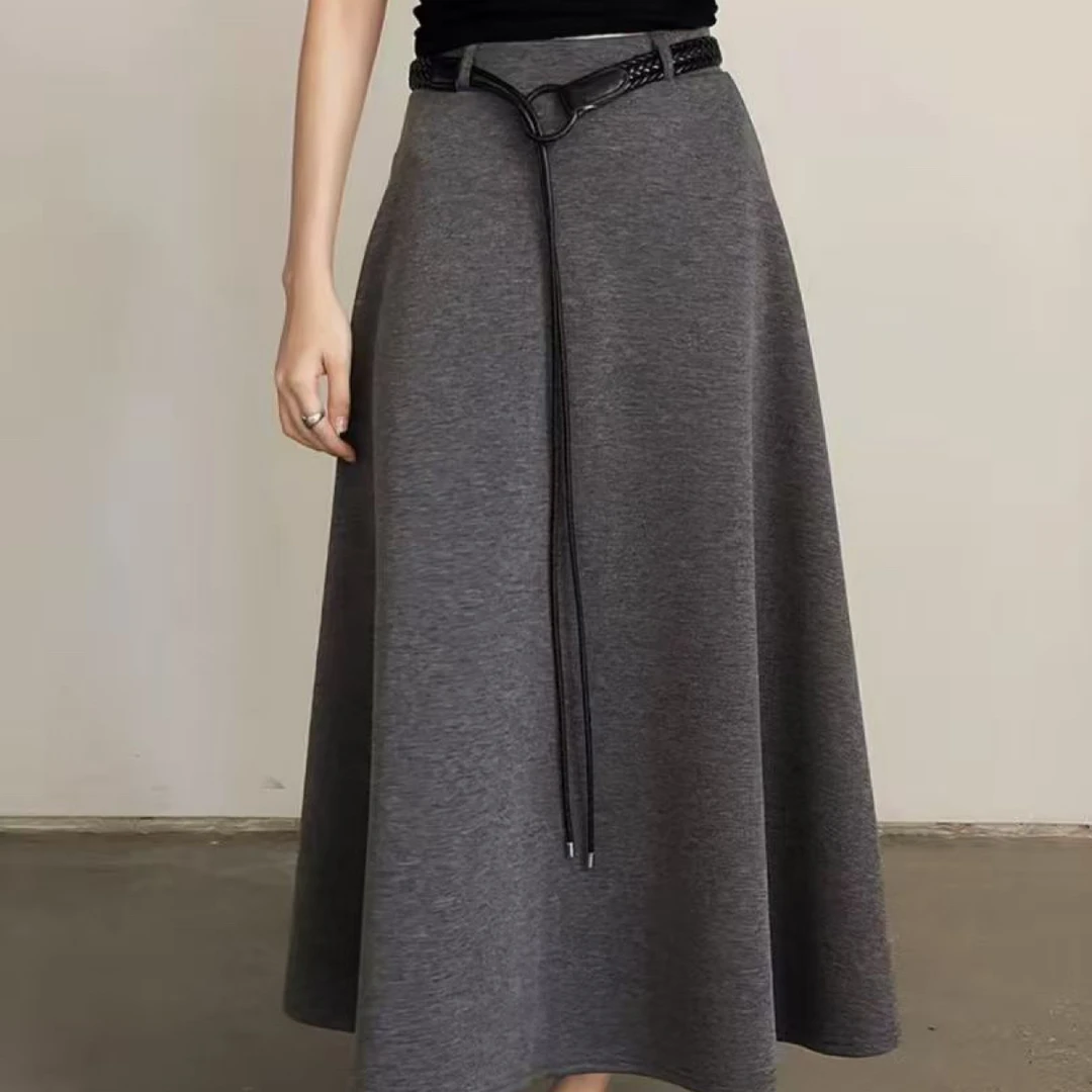 8207秋冬新款大摆半身裙中长款高腰休闲百搭大裙摆a字裙（配皮带）