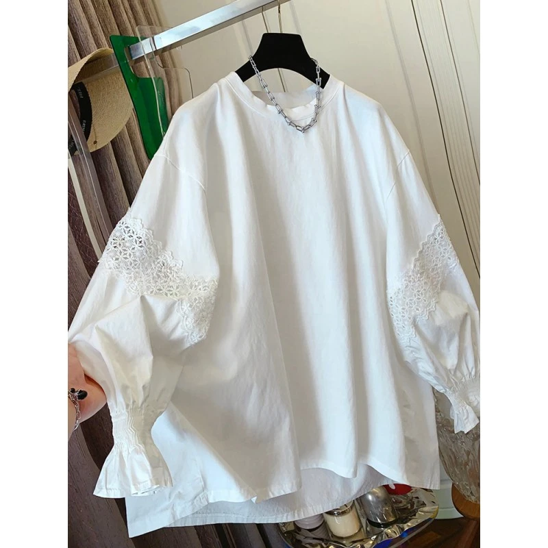 超好看绝美法式拼接慵懒风蕾丝刺绣钩花衬衫白T恤宽松上衣女新款