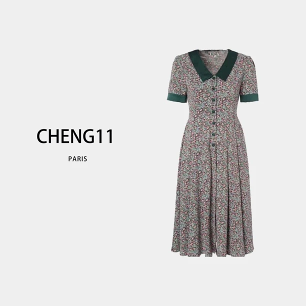 YIN ER-1142 古典宫廷赫本风气质修身大摆长款短袖连衣裙