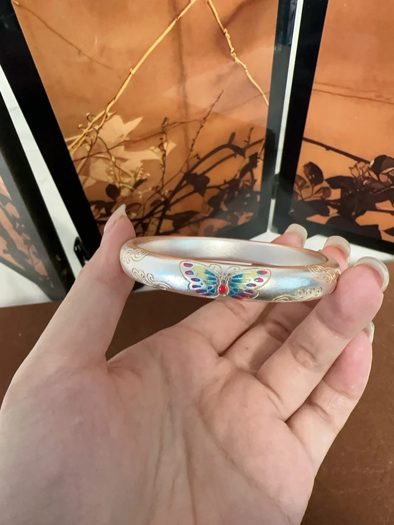 足银银制品 D04珐琅彩蝴蝶手镯闭口款