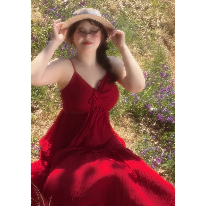 DMcc【花间柔光】海边度假风微胖大码小众仙女范假两件琴褶连衣套装