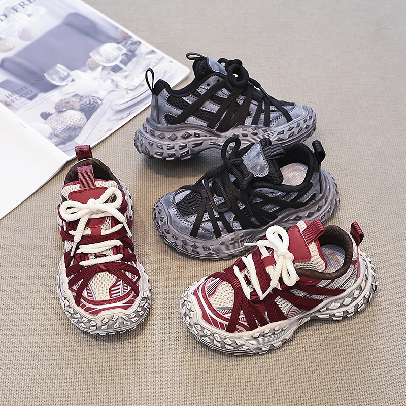 儿童运动鞋2025春季新款儿童男孩擦色复古中大童女童轮胎底老爹鞋