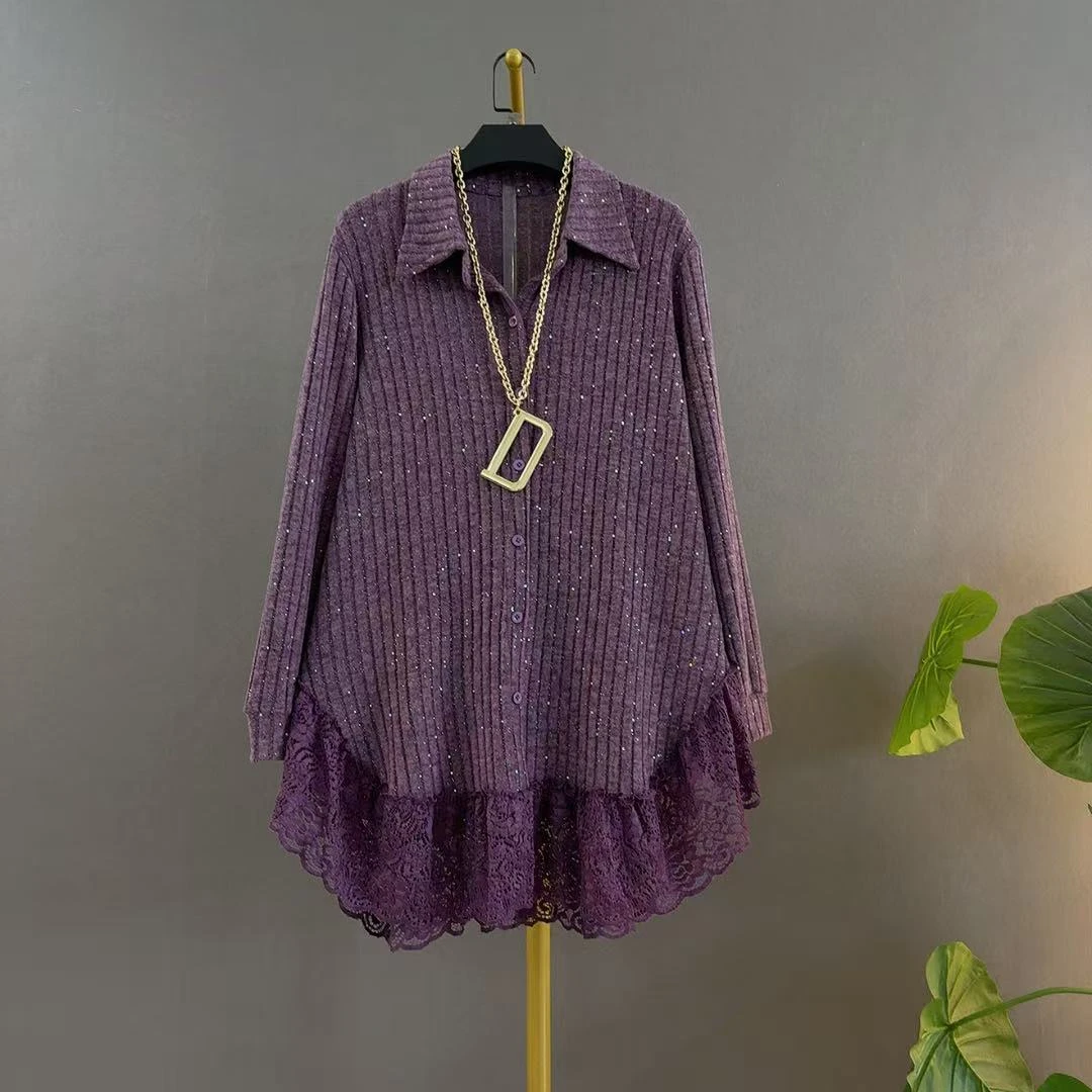 法式亮片POLO领磨毛纯色拼接针织衬衫秋冬秋季休闲弧摆针织衫