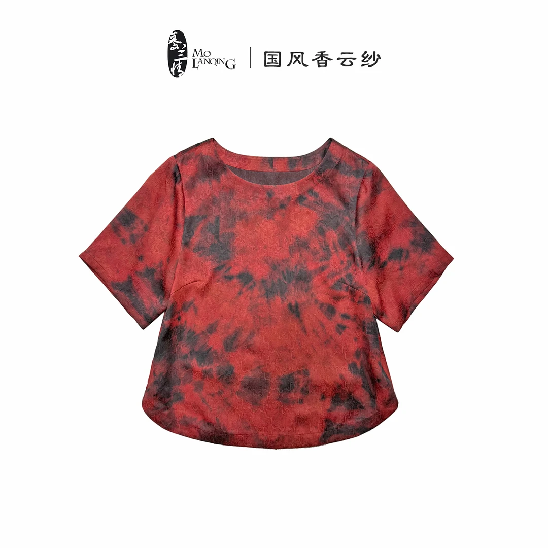 【红墨】香云纱圆领时尚宽松百搭花色夏季小衫上衣1901-11