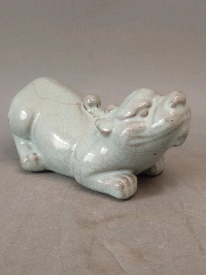 汝窑貔貅，长16cm，高7cm，修复件，弥勒佛麒麟老汝瓷，旧藏，喜欢的来