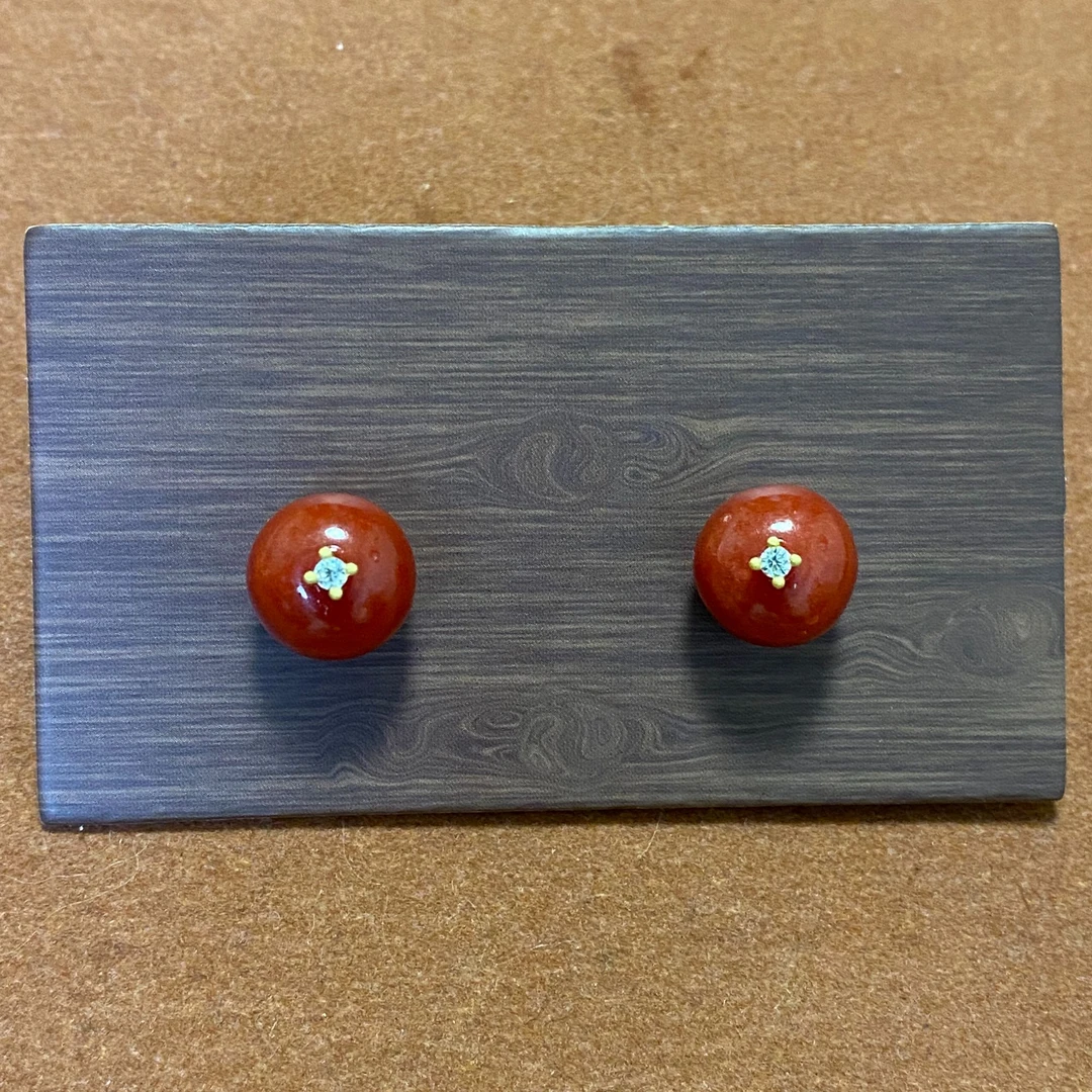 925银耳饰 H321拉萨发货纯银复古精致气质镀金耳钉红色圆珠高级感