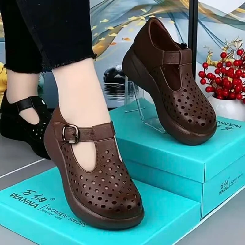 透气漆皮纯色女舒适法式妈妈鞋洞洞鞋低跟夏季包头