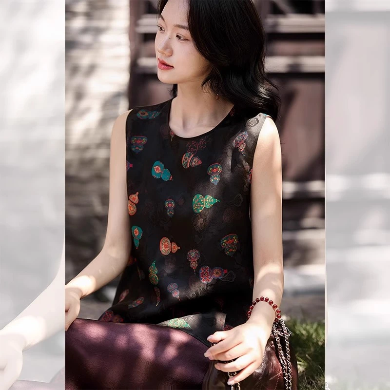 双面玲珑两穿新中式葫芦印花时尚无袖马夹上衣女