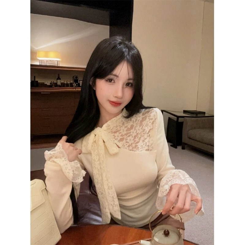 小香风蝴蝶结长袖t恤女秋冬纯欲半高领上衣蕾丝打底衫内搭巨好看