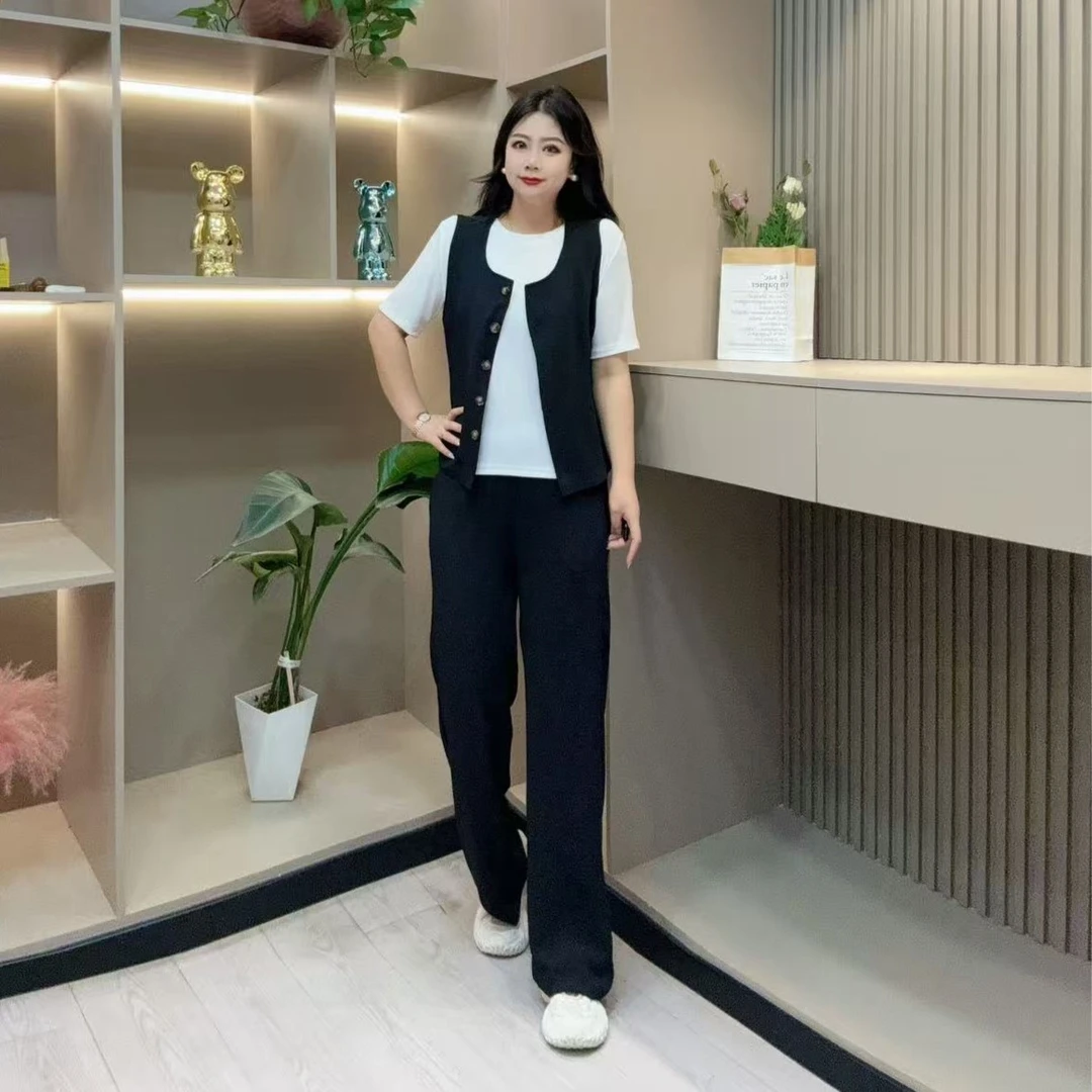 夏季三件套装-品 5962时尚休闲潮流纽扣显瘦百搭胖MM大码女装新款